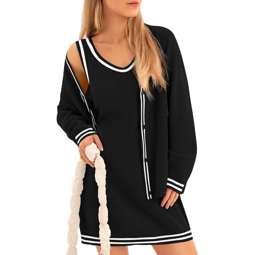 Women's 2 Piece Knit Set Casual Sleeveless Mini Dress & Cardigan Medium